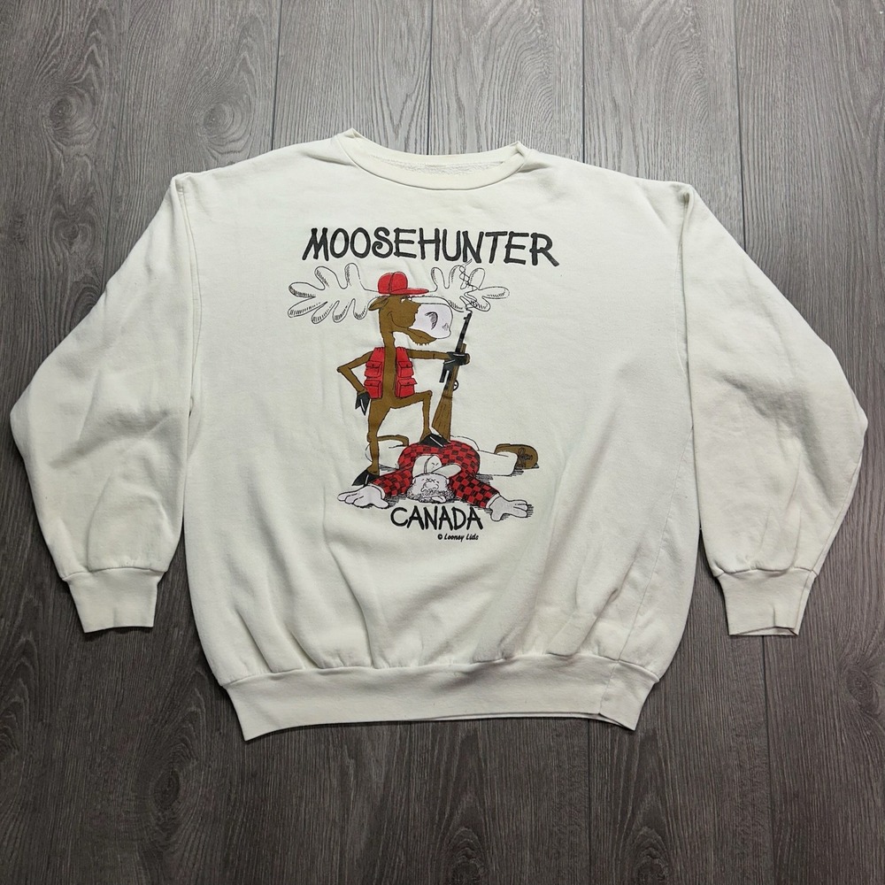 Vintage 80s Looney Lids Moosehunter Canada Sweatshirt Mens Large Off White Humor